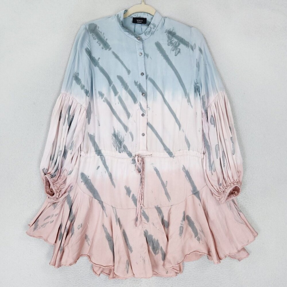 Vici Long Sleeve Tie-Dye Tunic Dress in Light Blue and Blush Pink